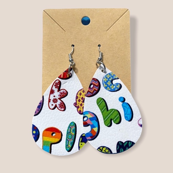 Faux Leather Teardrop ABC Teacher Rainbow Earrings - Picture 1 of 4